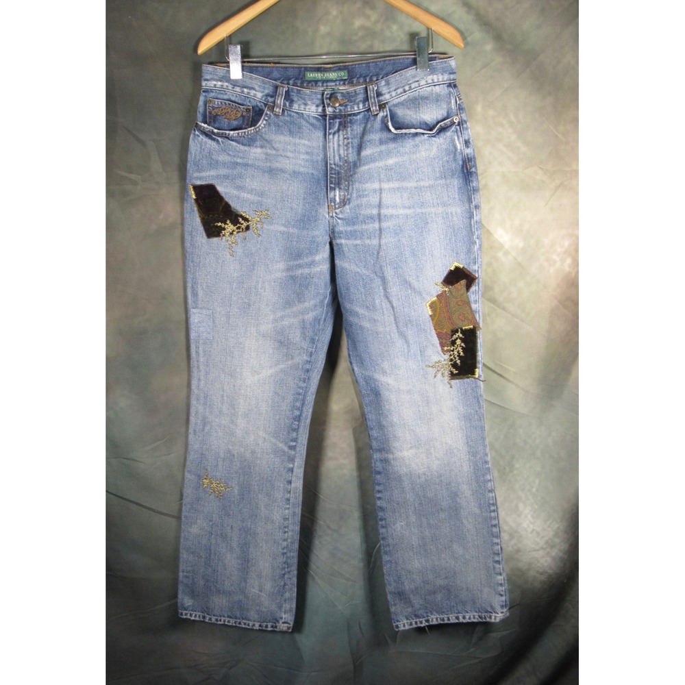 Lauren Ralph Lauren Jeans Womens 12 Y2K Blue Patchwork Velvet Embroidered
